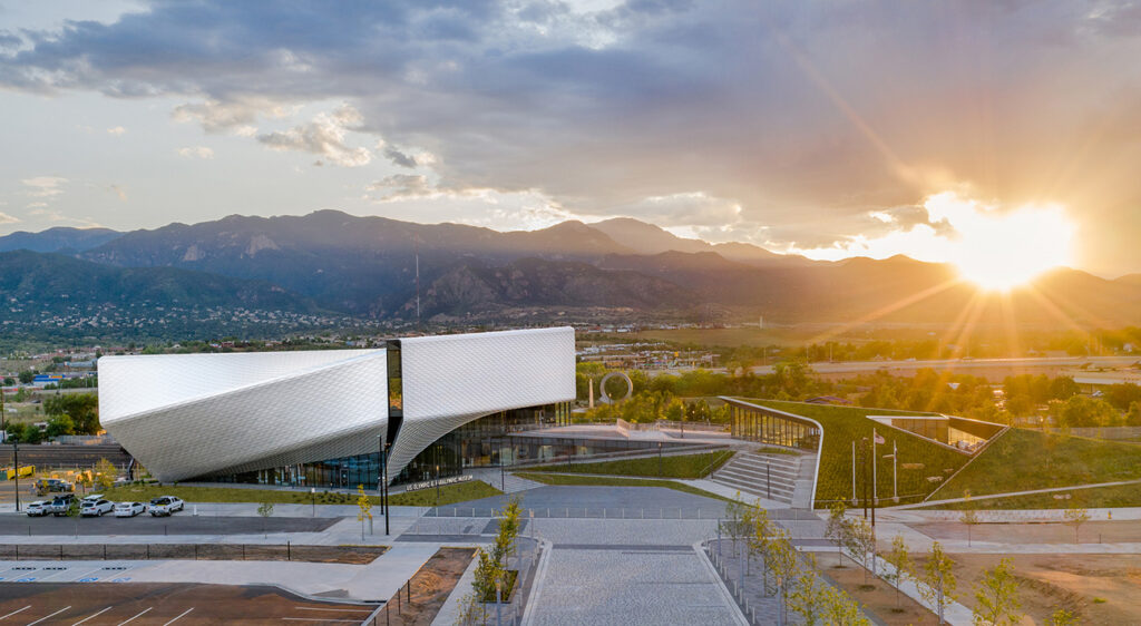 Colorado Springs US Olympic and Paralympic museum during sunset